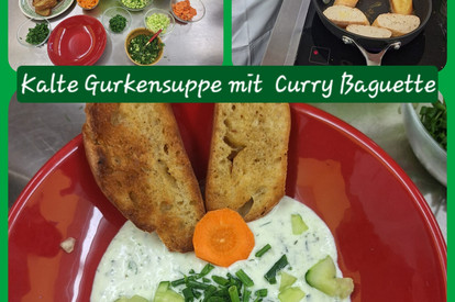 Kalte Gurkensuppe und Curry-Baguette