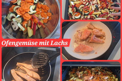 Lachsfilet auf Ofengemüse und Dip