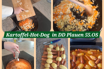 Kartoffel-Hot Dog in Tomatensoße mit Apfel-Möhren-Rohkost