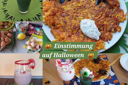 Halloween Cocktail und Kürbis-Kartoffelpuffer mit Schnittlauch Dip